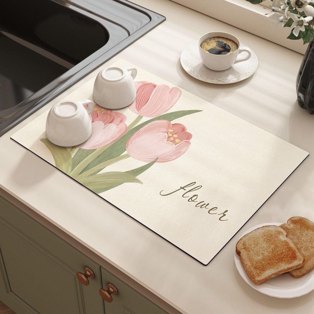 Quick-Drying Dish Drying Mat, Highly Absorbent Non-Slip Kitchen Mat, Soft Diatomaceous Earth Base (A, 50 x 80 x 0.35 cm)