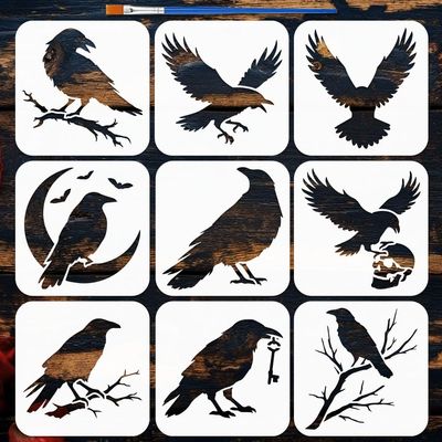 FINGERINSPIRE 9-Piece Crow Stencil Set with Brush 15x15cm
