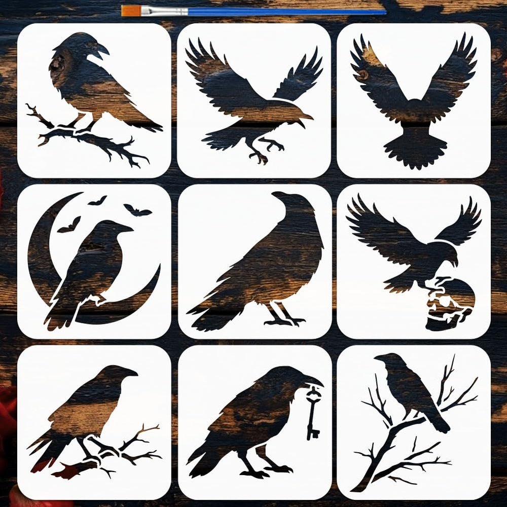 FINGERINSPIRE 9-Piece Crow Stencil Set with Brush 15x15cm