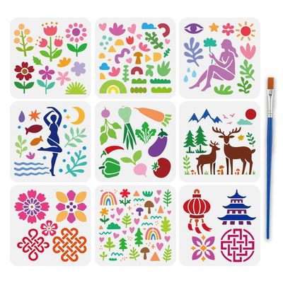 FINGERINSPIRE 9-Piece Bohemian Stencil Set with Brush 20x20cm