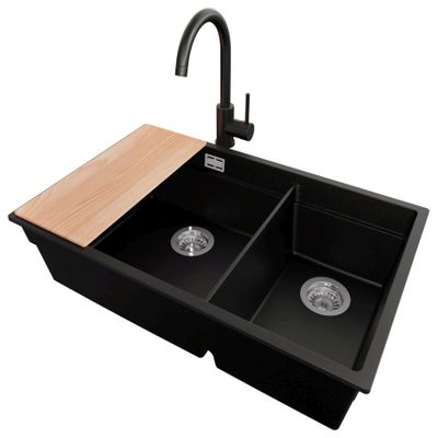 PRIMAGRAN Granite Sink for 80 cm+ Base Cabinet with Kitchen Faucet, 76 x 47 cm