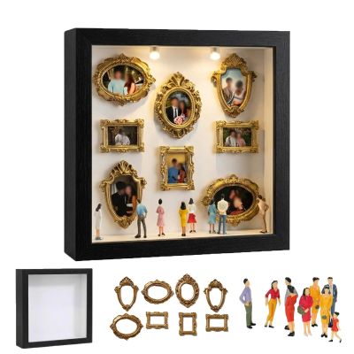 DIY Mini Museum Silhouette Box with LED Light, 8 Gold Frames & 8 Random Figures, Black