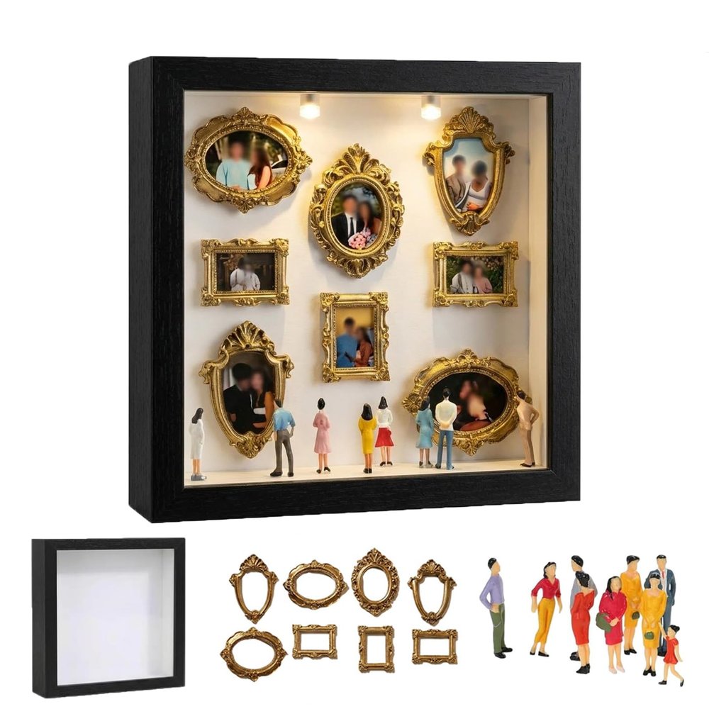 DIY Mini Museum Silhouette Box with LED Light, 8 Gold Frames & 8 Random Figures, Black
