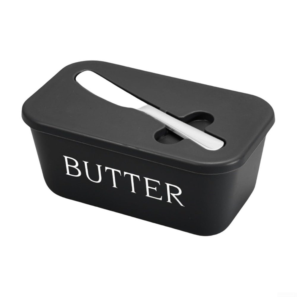 Butter Dish with Lid Groove, 6.57 x 3.82 x 2.91 in, with Spatula, Plastic Butter Container and Cheese Box, Dishwasher-Safe, Black