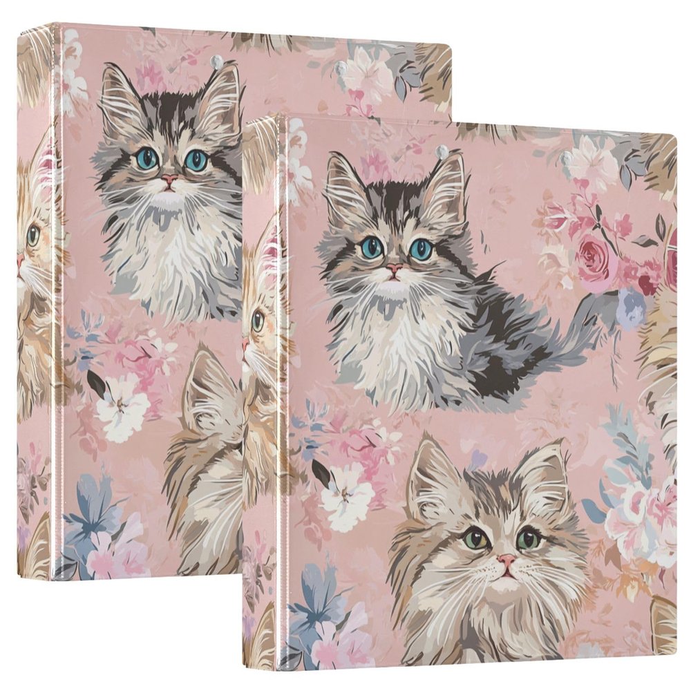 Cute Brown Cat Cartoon Binder, 3.8 cm Round Rings, Inner Pockets, 1/2-Pack, Hardcover
