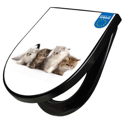 banjado D-Shaped Toilet Seat with Soft-Close, Black Kitten Design