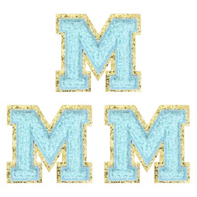 QUARKZMAN 3 Pack Chenille Iron-On Letters 2" Glitter Alphabet Stickers Self-Adhesive Fuzzy Chenille Appliqués with Gold Edge (Blue Letter M)