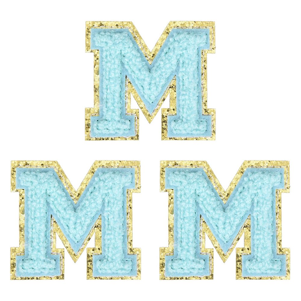 QUARKZMAN 3 Pack Chenille Iron-On Letters 2" Glitter Alphabet Stickers Self-Adhesive Fuzzy Chenille Appliqués with Gold Edge (Blue Letter M)