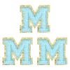 QUARKZMAN 3 Pack Chenille Iron-On Letters 2" Glitter Alphabet Stickers Self-Adhesive Fuzzy Chenille Appliqués with Gold Edge (Blue Letter M) view 1