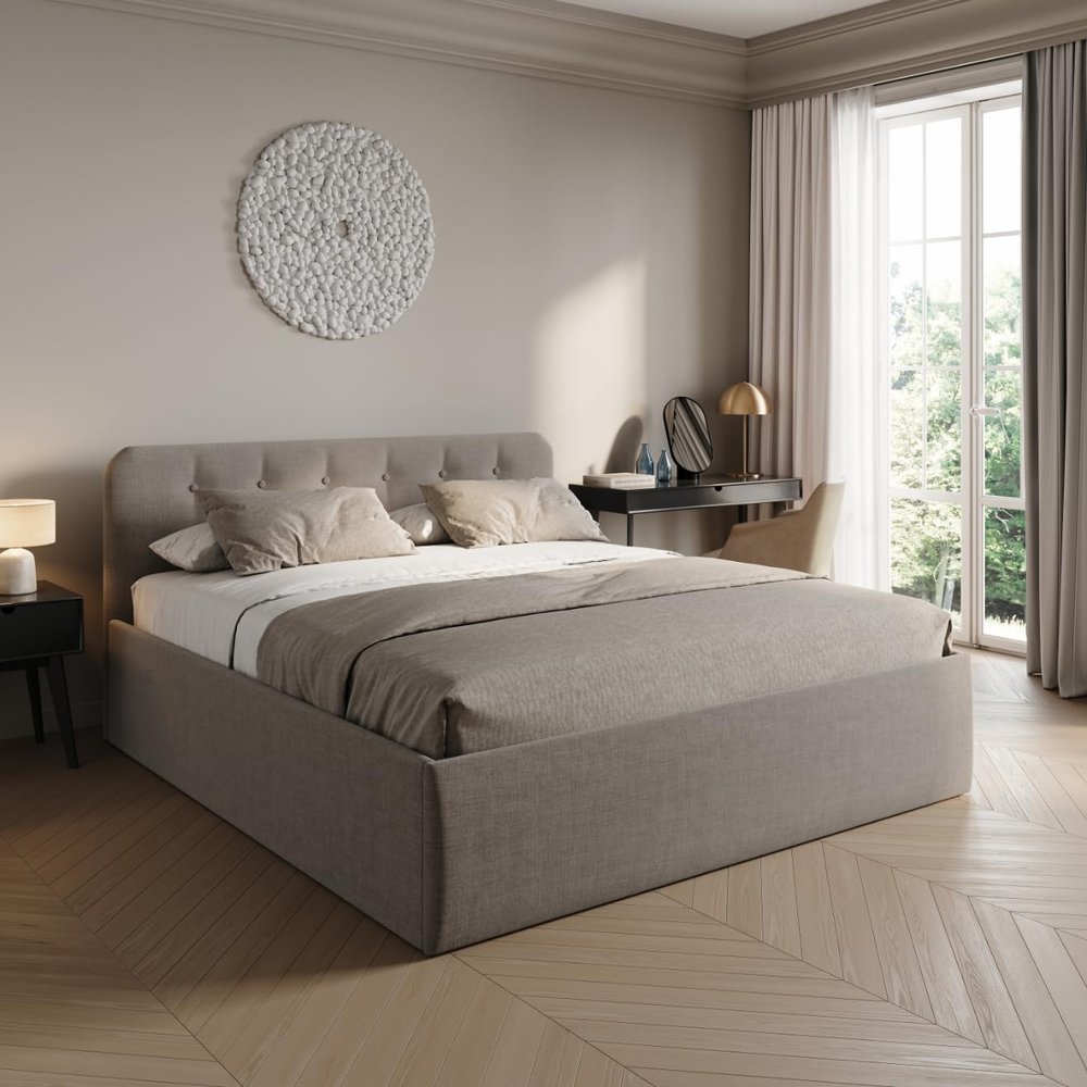 Home Collective Upholstered Bed 180 x 200 cm with Adjustable Slatted Base and Storage, Beige