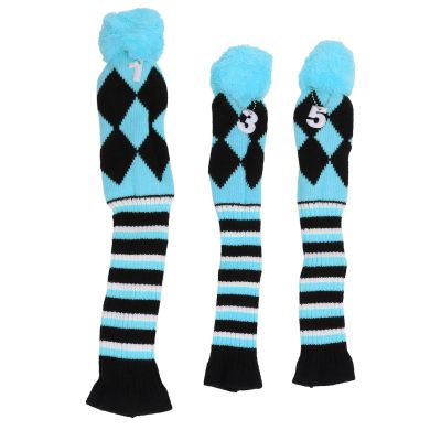 Alomejor Knitted Golf Club Headcovers, 3-Piece Set with Pom-Poms, Blue/Black