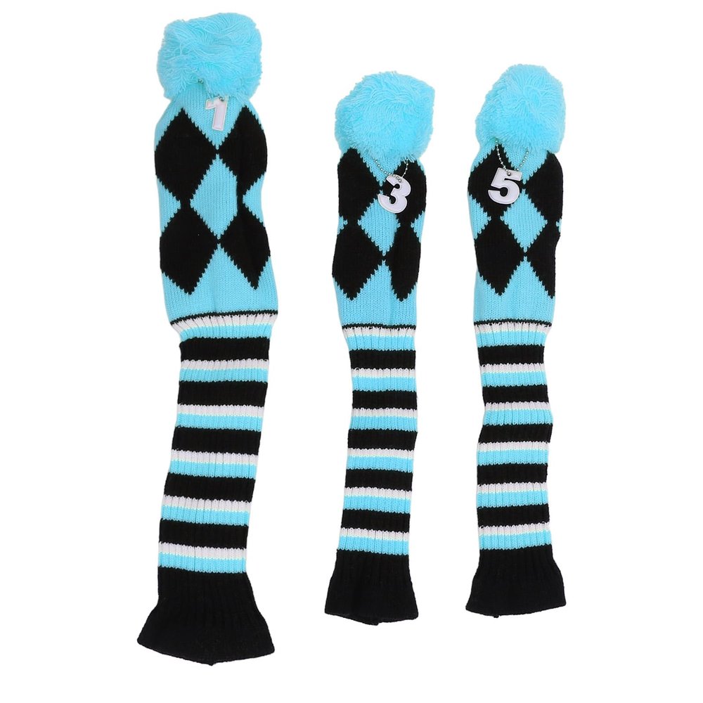 Alomejor Knitted Golf Club Headcovers, 3-Piece Set with Pom-Poms, Blue/Black