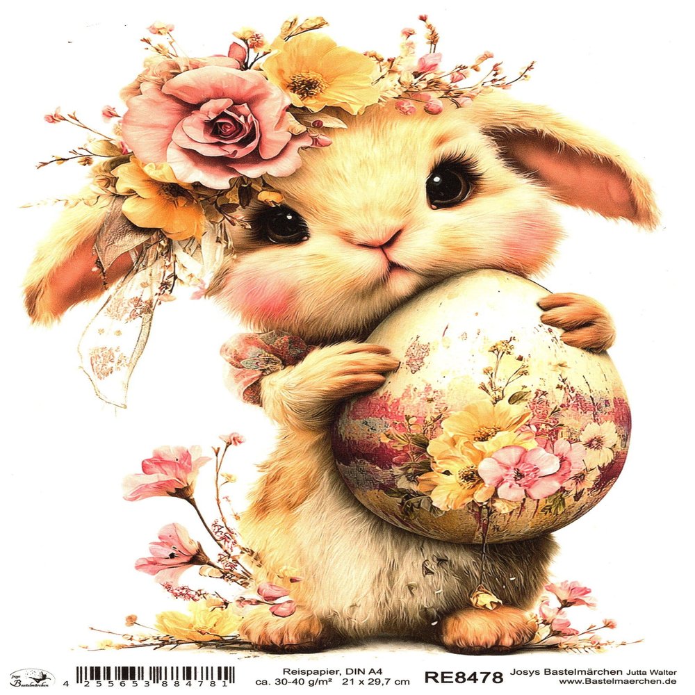 Josys Craft Fairy Rice Paper A4 Decoupage Easter Bunny with Egg Flowers RE8478