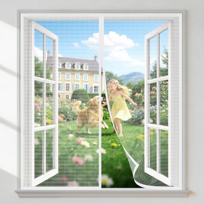 HALIDOOR No-Drill Window Screen, 165 x 125 cm, Tear-Resistant Polyester Mesh, Automatic Closure, White