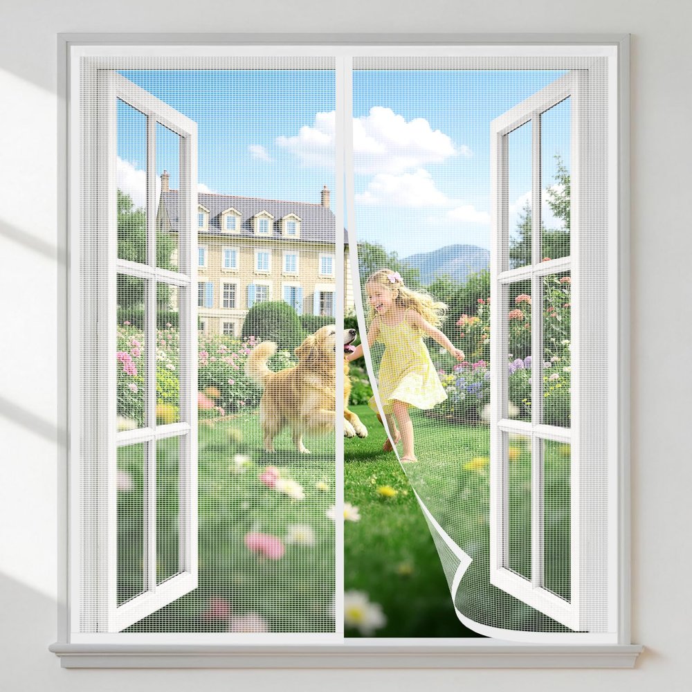 HALIDOOR No-Drill Window Screen, 165 x 125 cm, Tear-Resistant Polyester Mesh, Automatic Closure, White