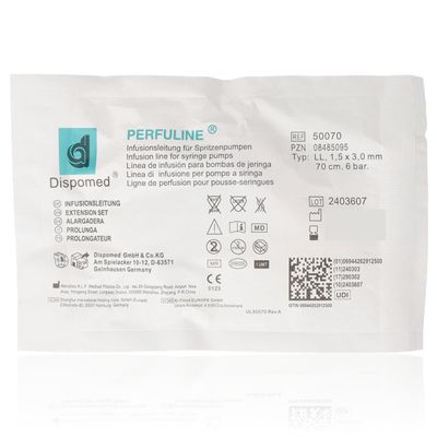 DISPOMED PERFULINE Infusion Line, Sterile PVC, DIN ISO Compatible, up to 20 bar, Luer-Lock/Luer, Transparent, 70 cm
