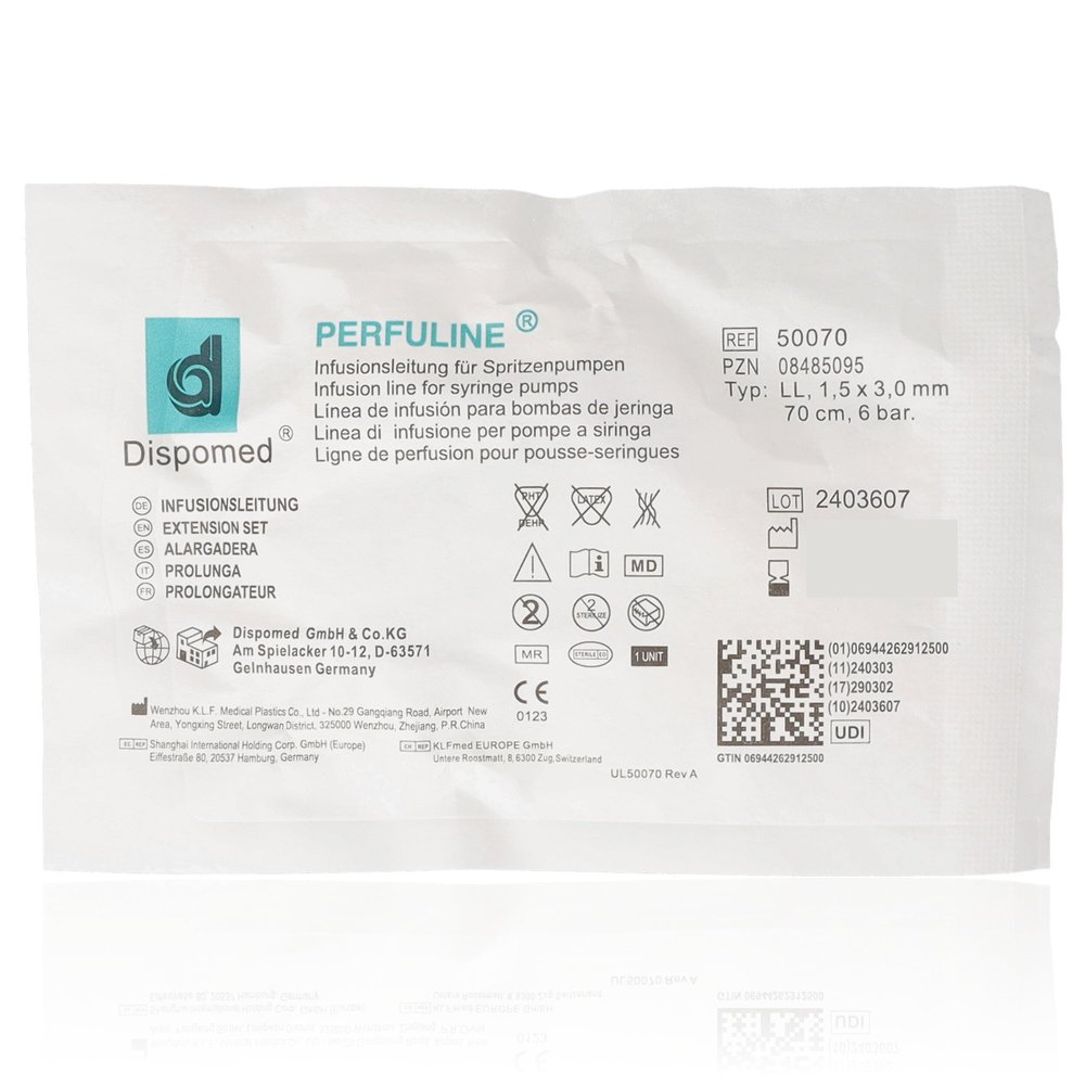 DISPOMED PERFULINE Infusion Line, Sterile PVC, DIN ISO Compatible, up to 20 bar, Luer-Lock/Luer, Transparent, 70 cm