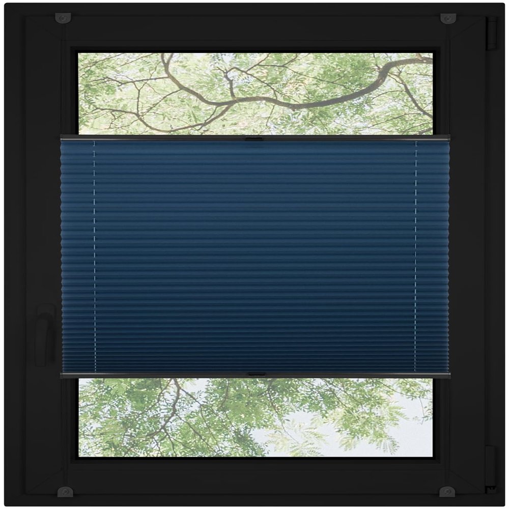 RENA No-Drill Pleated Blind for Windows, Made-to-Measure Blackout Shade, Navy, 75 x 200 cm, Anthracite Mechanism