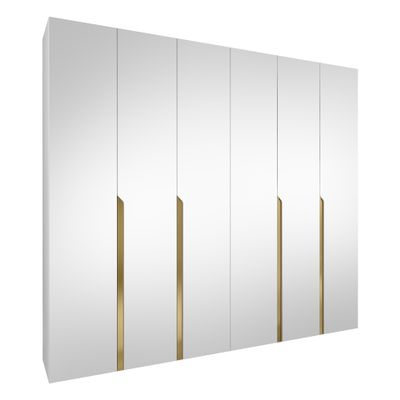 Mirjan24 Veluna III 300 6-Door Wardrobe with Mirrors, Shelves and Clothing Rails, White/White + Gold