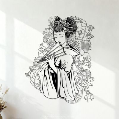 Geisha with Flowers Paper Wall Sticker 34 x 43.1 cm, Easy to Apply, Black