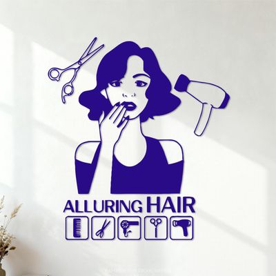 Cute Haircut Beauty Salon Fashion Wall Decal, Dark Blue, 34 x 37.9 cm