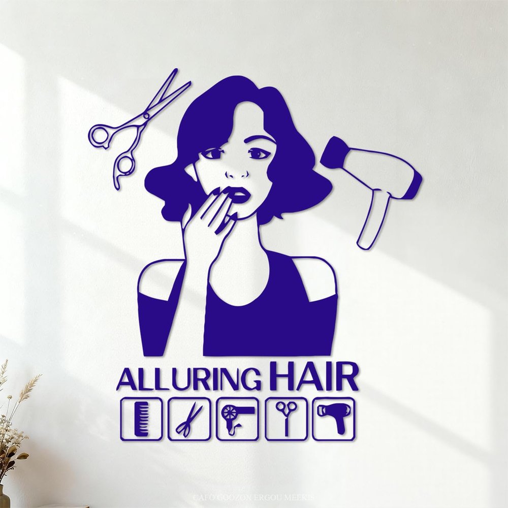 Cute Haircut Beauty Salon Fashion Wall Decal, Dark Blue, 34 x 37.9 cm