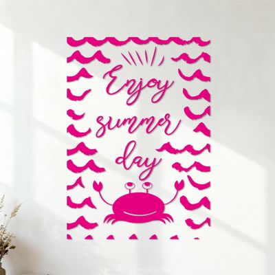 Enjoy the Summer Waves, Cute Crab and Inspiring Vacation Wall Sticker, 36 x 50.8 cm, Rose Red, with Transfer Film Set