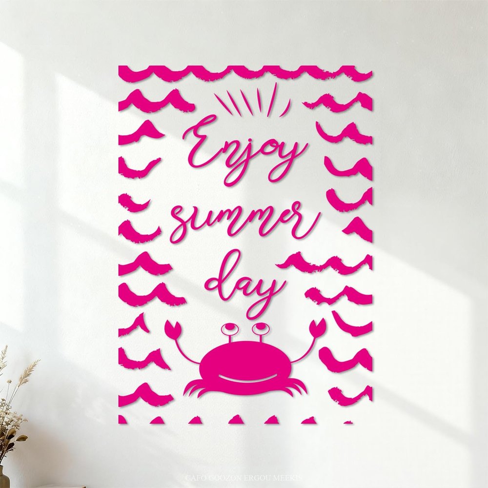 Enjoy the Summer Waves, Cute Crab and Inspiring Vacation Wall Sticker, 36 x 50.8 cm, Rose Red, with Transfer Film Set