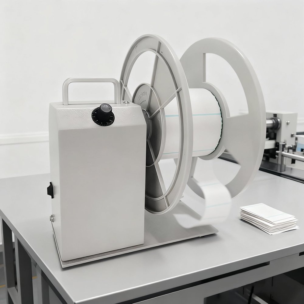Automatic Label Rewinder, Electric, Dual Guide Plates, Forward/Reverse, 90/120 mm, 230 mm OD, 120 RPM