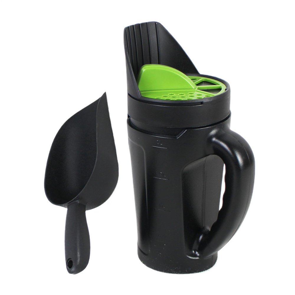 Portable Dispenser with Adjustable 2.5-Liter Opening and Scoop | Multi-Hole Lawn Seed Spreader | Ice Melt Dispenser