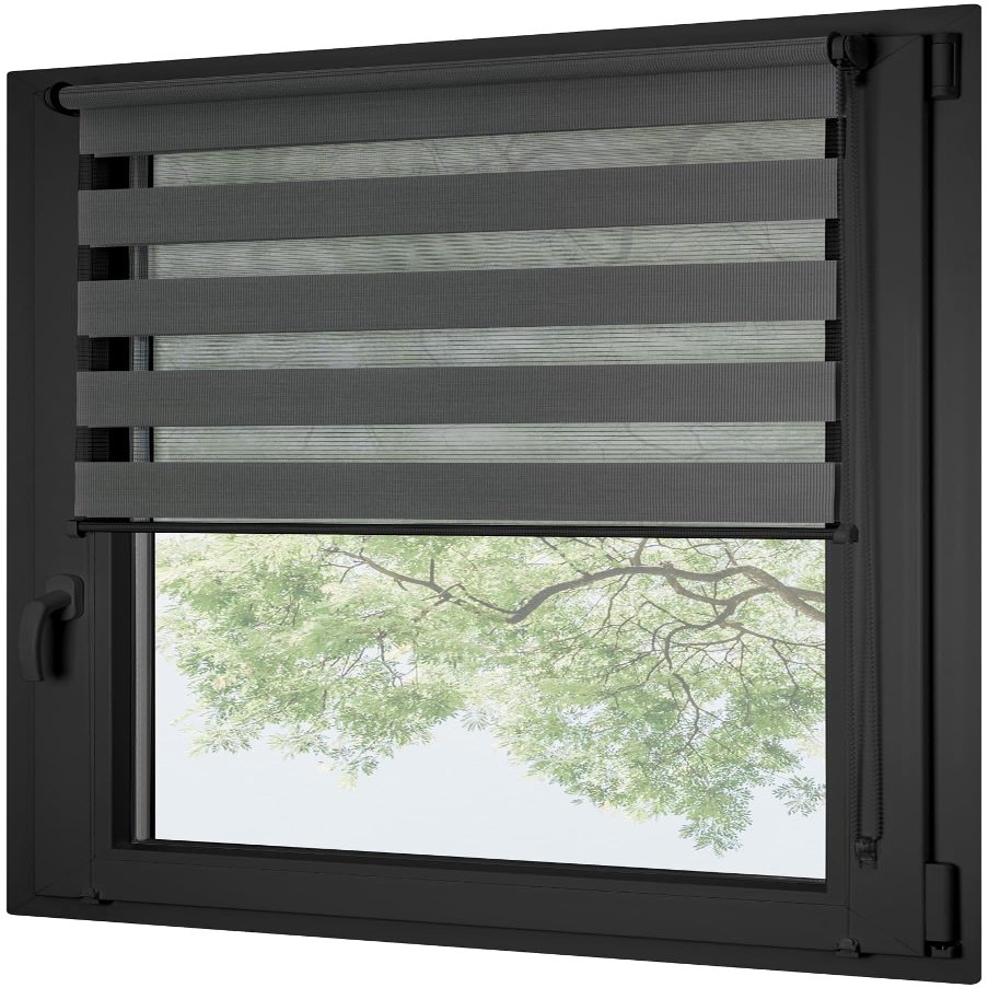 RENA Day & Night Roller Blind for Windows, No Drilling, with Hooks, 140 x 220 cm, Graphite with Anthracite Mechanism