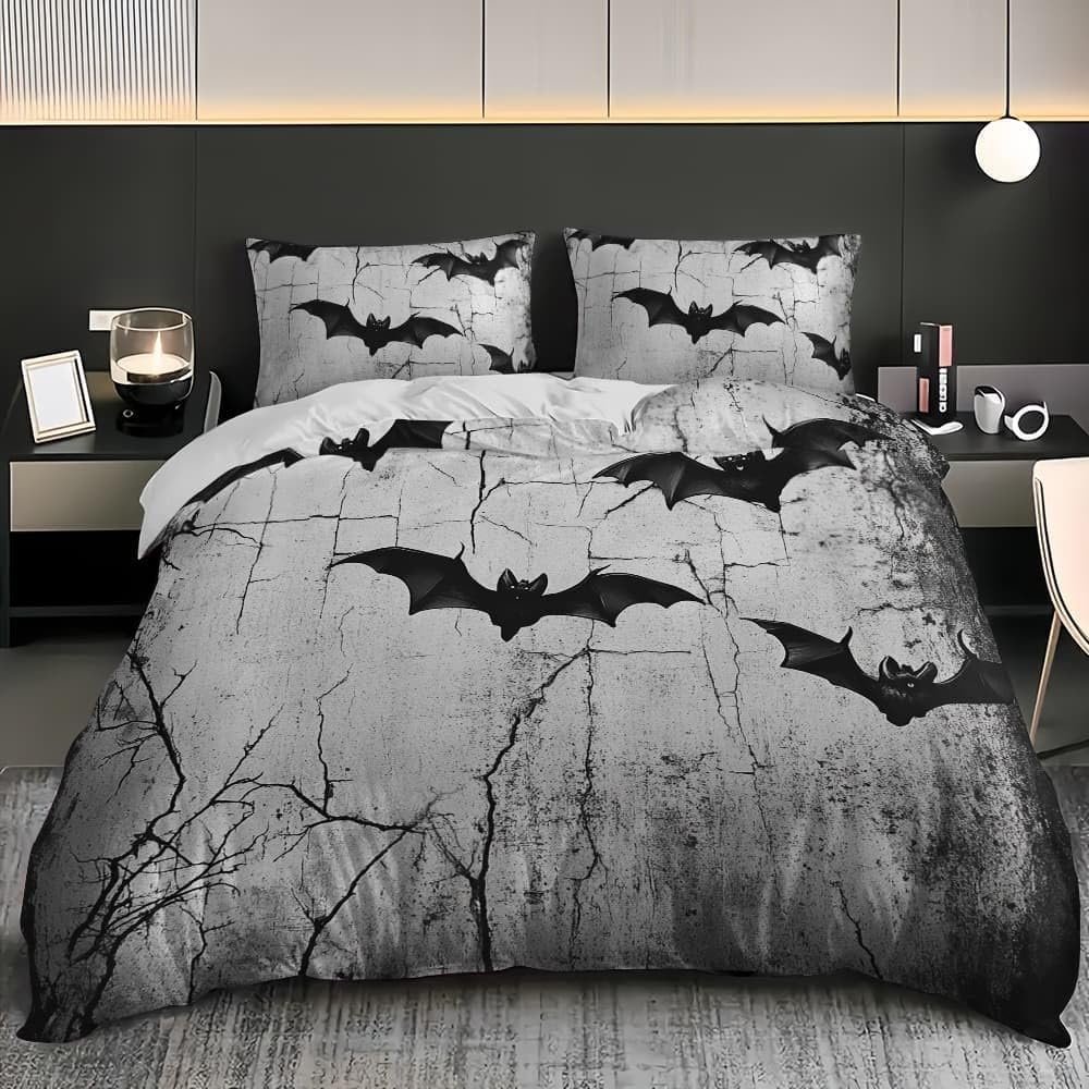 Bat Bedding Set 155x200 cm, 3D Halloween Print, Microfiber Duvet Cover with 2 Pillowcases