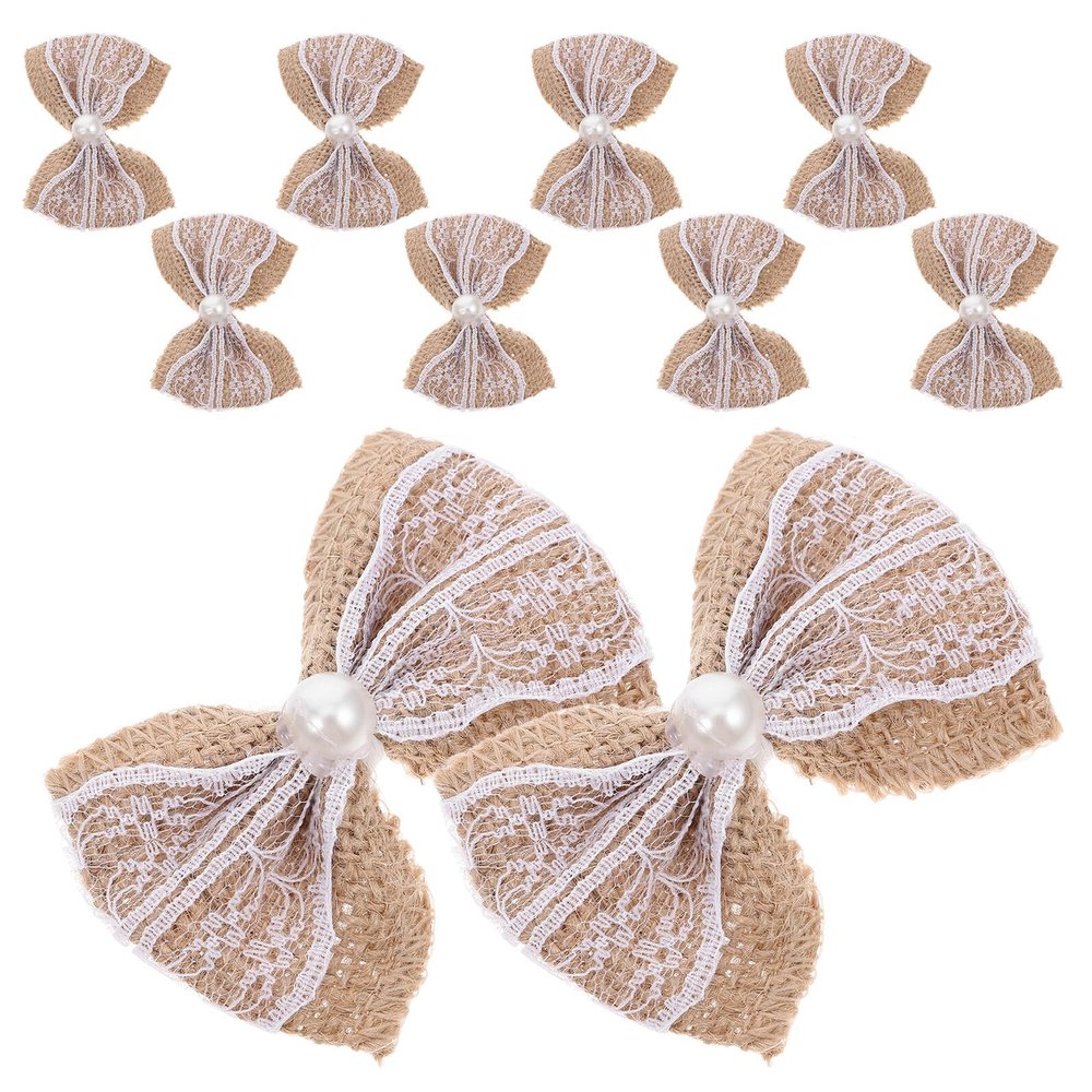 Hemobllo 10 Pack Small Jute Ribbon Bows with Lace and Beads
