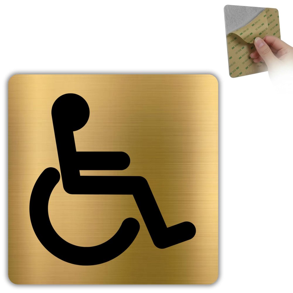 LEIASA | Accessible Restroom Sign - 10 x 10 cm - Gold Aluminum - Wheelchair