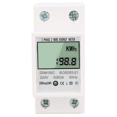 YDuupxe DDM15SC Single-Phase DIN-Rail Energy Meter, 5–80 A, LCD Display, Red LED Pulse Signal