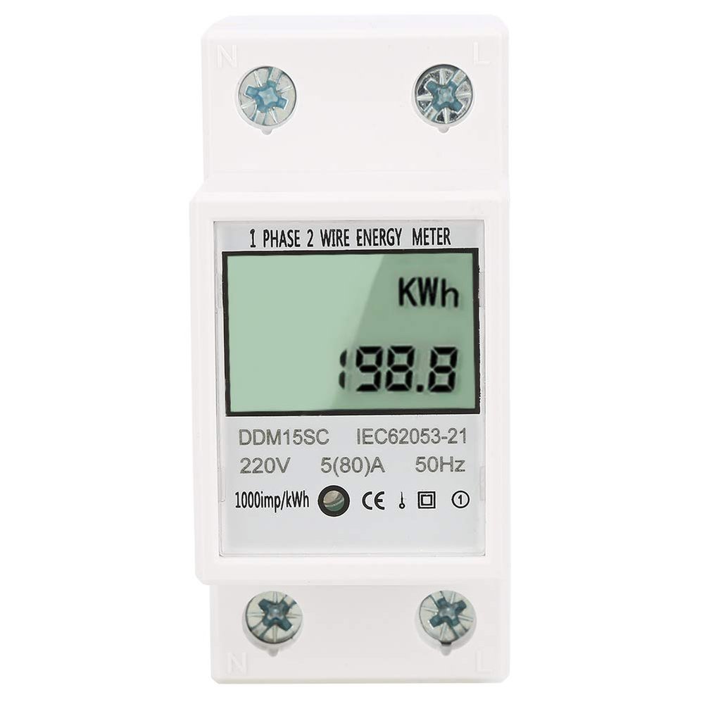 YDuupxe DDM15SC Single-Phase DIN-Rail Energy Meter, 5–80 A, LCD Display, Red LED Pulse Signal