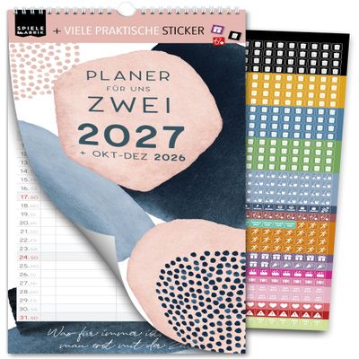 Spielefabrik Couple Calendar 2027, 3 Columns, Couple Planner 16 x 32.5 cm, Pastel Planner for Two with Love Quotes, Wall Calendar for Couples, Includes 528 Stickers