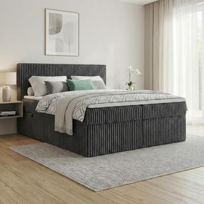 A&J MöbelLand RALF Box Spring Bed 140 x 200 cm with Storage, Topper and H3 Bonell Mattress, Dark Gray