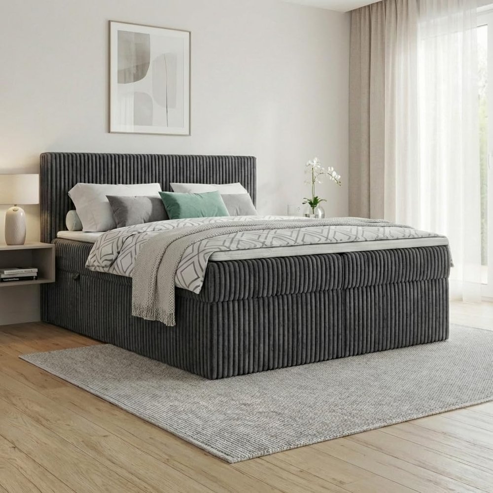A&J MöbelLand RALF Box Spring Bed 140 x 200 cm with Storage, Topper and H3 Bonell Mattress, Dark Gray