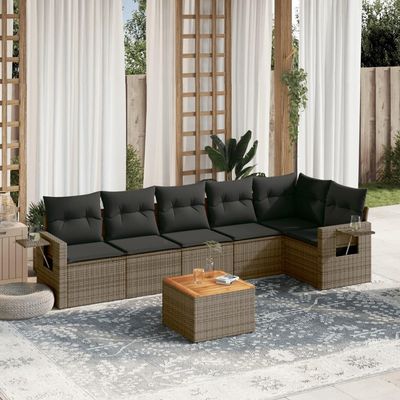 7-Piece Gray Poly Rattan Garden Lounge Set with Acacia Table