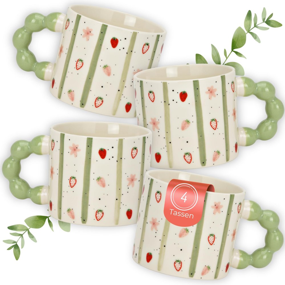4-Piece Set of Strawberry-Decorated Porcelain Coffee Mugs, 340 ml