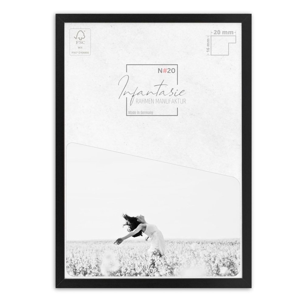 Infantasie “N20” Picture Frame 36 x 107 cm, Handmade to Order, Matte Black, Slim 20 mm MDF Wood Frame with Acrylic Glass, Backing and Hangers