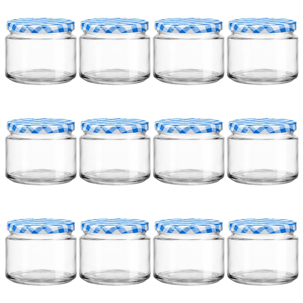 Vitrea 12 x 330 ml Jam Jars with Blue Checkered TO 82 Lids