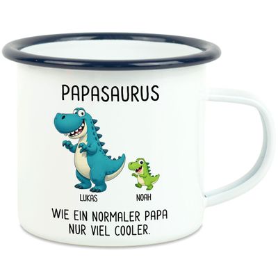 Personalized Dad Mug with Name, Papasaurus Enamel Coffee Mug - Blue, 1 Child