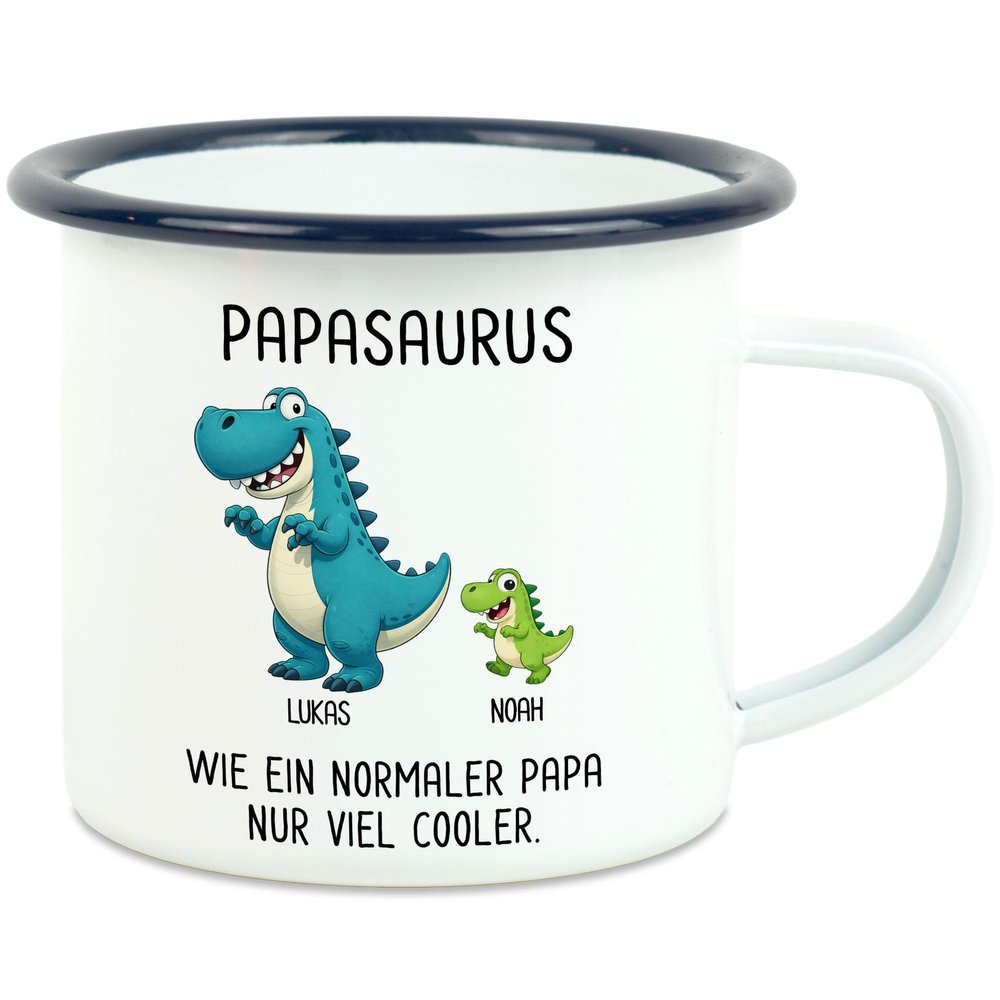 Personalized Dad Mug with Name, Papasaurus Enamel Coffee Mug - Blue, 1 Child