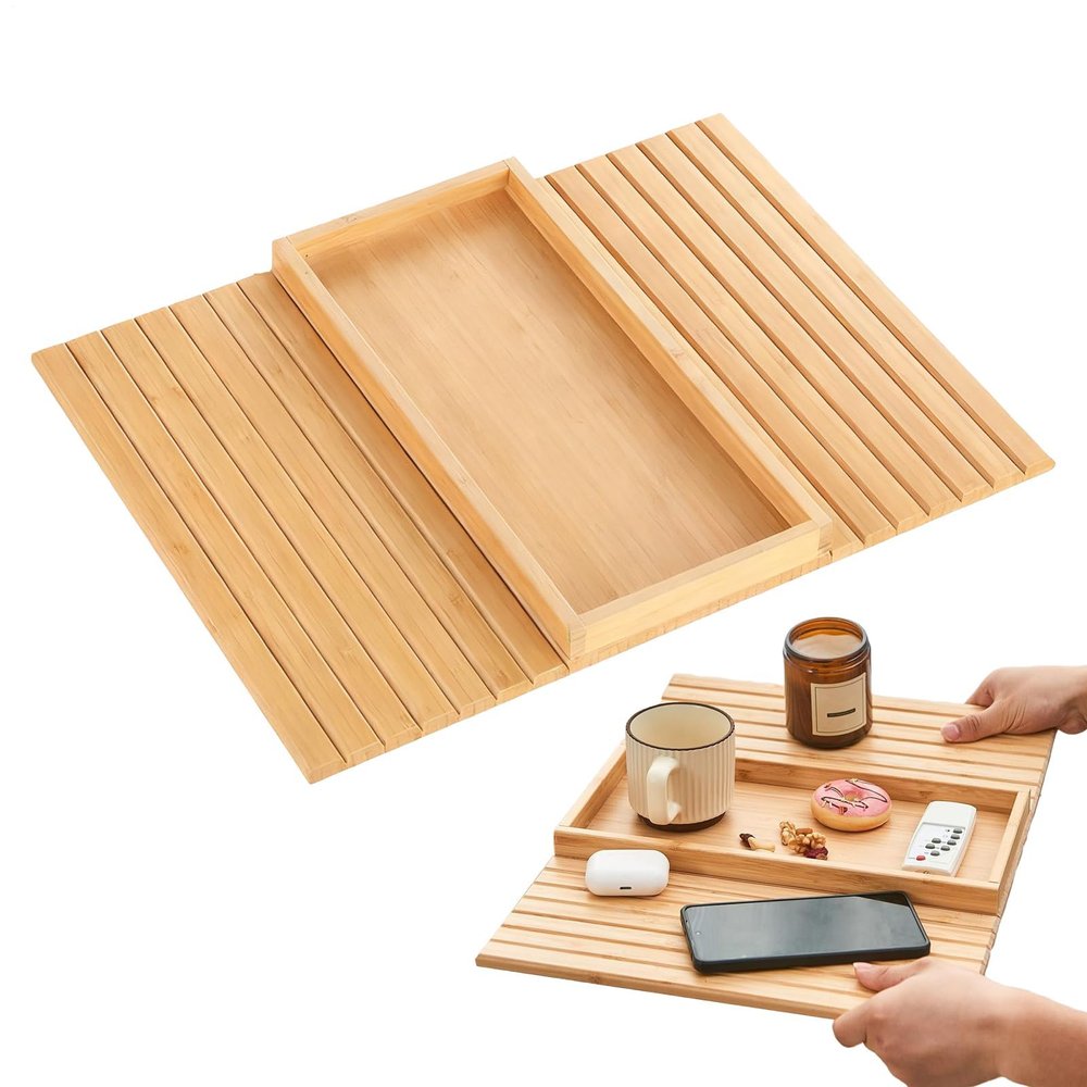 Wood Sofa Armrest Tray with Drink Holder