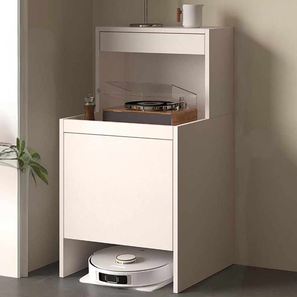 Robot Vacuum Cabinet with Doors and Drawers, Modern Side Table or Nightstand, White, 50 x 50 x 100 cm