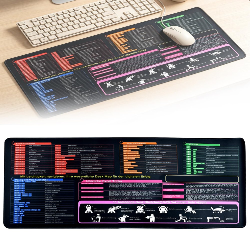 KAGEYMB German Excel Desk Mat, 80 x 30 x 0.3 cm, XL Mouse Pad with Shortcuts