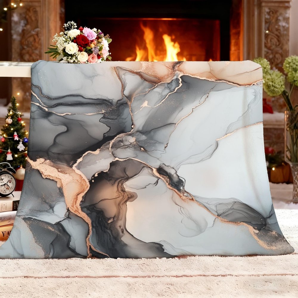 Cozy Blanket 100 x 130 cm, Abstract Marble Lines, Grayish White