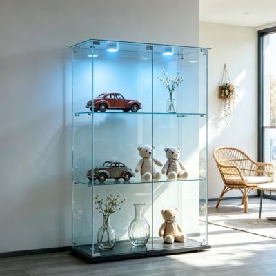 BPKADHY Glass Display Cabinet with LED Lighting, 2 Doors, 3 Tiers, Black